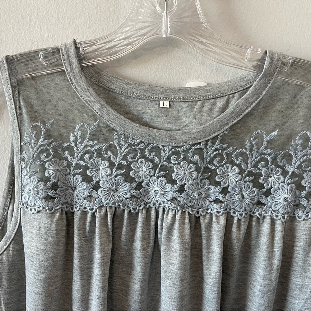 Gray Sleeveless Knit Top with Floral Lace Yoke l Size Large l Poshmark - Picture 6 of 6